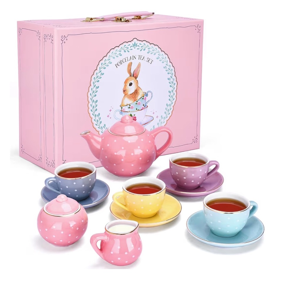 Jewelkeeper 13 Pieces Porcelain Pastel Polka Dots Design Tea Set For Children